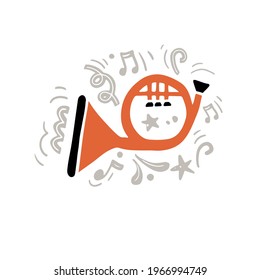 Vector Illustration Of Minimalist Classic Brass Instrument Called Horn Hand Drawn In Flat Style With Orange And Black Colors Playing Music Amidst Abstract Gray Notes And Ornaments