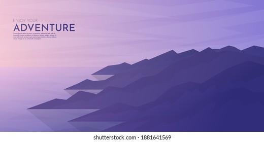 Ilustración vectorial. Concepto minimalista. Rocas cerca del agua. Cordillera de montaña. Escena de la puesta de sol en el mar.  Hermoso cielo despejado. Estilo poligonal. Plantilla de sitio web o juego 