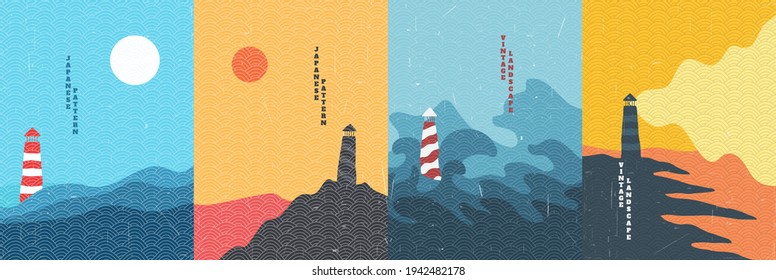 Vector illustration. Minimalist contemporary painting landscapes. Japanese pattern overlay. Modern graphic art. Hand drawn design elements for poster, postcard, cover, card. Lighthouse by the sea