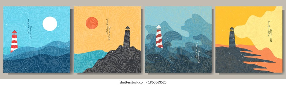 Vector illustration. Minimalist contemporary painting landscapes. Japanese pattern overlay. Modern graphic art. Hand drawn design elements for social media template, banner. Lighthouse by the sea