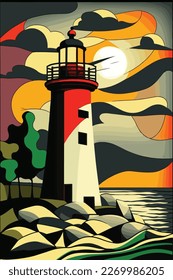 Vector illustration. Minimalist contemporary painting landscapes. Japanese pattern overlay. Modern graphic art. Hand drawn design elements for social media template, banner. Lighthouse by the sea