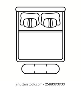 Vector illustration of a minimalist double bed seen from the top, featuring a mattress, pillows, and a footrest. Ideal for bedroom layout planning and interior design visualization.