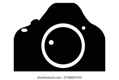 Vector illustration of a minimalist DSLR camera icon in black and white. The design emphasizes the camera body and lens, representing photography, digital imaging, photo equipment, professional photography, and media production concepts.