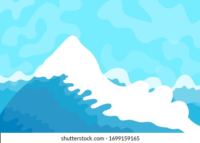 Vector illustration. Minimalist flat blue landscape. Avalanche disaster. Snow falling from top of the mountain. Flat concept. Panoramic wallpaper. Design for poster, banner, website or game template