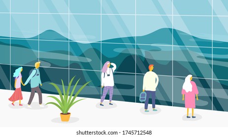 Vector illustration. Minimalist flat cartoon landscape. Crowd of people looking at mountains through glass in observation hall. Concept of exploration, hiking, adventure tourism and travel. Panorama