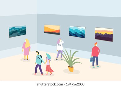 Vector illustration. Minimalist flat cartoon landscape. Group of people visit the exhibition with respect to social distance due to quarantine. Man and woman with face mask