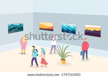 Vector illustration. Minimalist flat cartoon landscape. Group of people visit the exhibition with respect to social distance due to quarantine. Man and woman with face mask