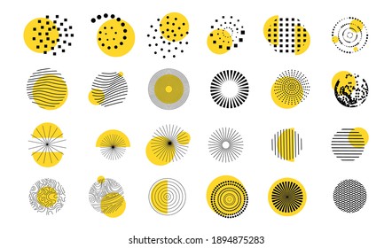 Vector illustration. Minimalist flat design elements for poster, book cover, frame, gift card. Abstract circle shapes collection with line art wavy pattern. Dots halftone. Yellow and black color