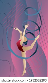 Vector illustration in minimalist flat style. Rhythmic gymnastics. A woman with a ribbon is training or competing in some championship.