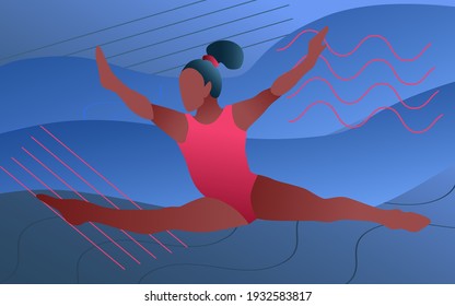 Vector illustration in minimalist flat style. Women's artistic gymnastics. A woman is training or competing in some championship.