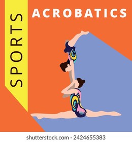 Ilustración vectorial en estilo plano minimalista. Gimnasia artística masculina y femenina, deportes acrobáticos . Entrenar o competir en algún campeonato. Un cartel de pareja en trajes coloridos en pirámide