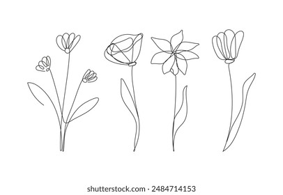 Vector illustration of minimalist flowers with leaves in a linear, childlike drawing style. This simple and charming artwork captures the innocence and beauty of a child's perspective on nature.