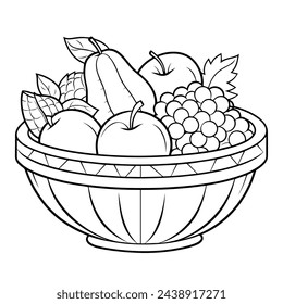 Ilustración vectorial de un icono de esquema de cesta de fruta minimalista, ideal para proyectos relacionados con la nutrición.