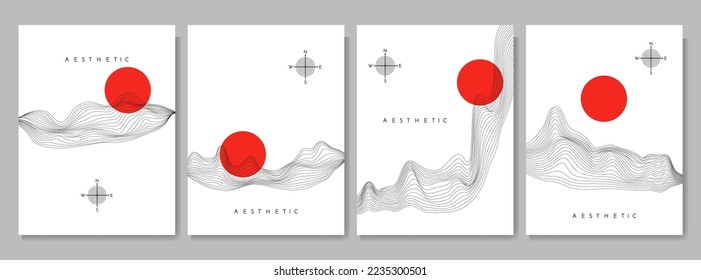 Vector illustration. Minimalist geometric backgrounds collection. Travel concept. Linear wavy pattern. Surreal mountain landscape. Design elements for poster, brochure, layout, magazine, flyer