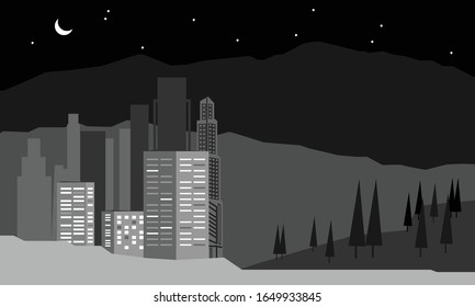Vector illustration in a minimalist geometric style. Landscape of mountains, cities, hills and trees. at night the moon shines brightly.vector illustration.
