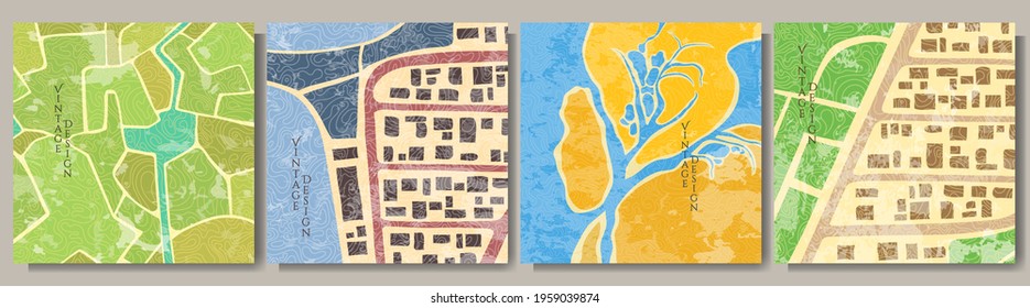 Vector illustration. Minimalist graphic background. Environment. Aerial view of field, desert, town. Linear pattern. Design element for social media template, card, banner, poster. Vintage style.