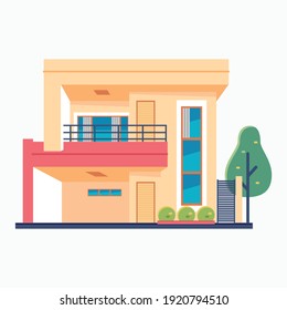 Vector illustration of minimalist house. Flat building vector illustration. A house with plants and trees. Two story house vector illustration