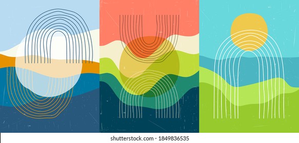Vector illustration. Minimalist landscape. Abstract posters set. Contemporary backgrounds. Mid century wall decor. Design elements for postcard, book cover, brochure, magazine, flyer, social media
