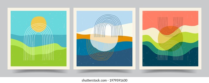 Vector illustration. Minimalist landscape. Abstract posters set. Contemporary backgrounds. Mid century wall decor. Design for social media template, web banner. Mountain, sea, hill, sunset scene