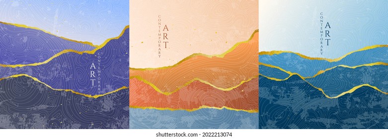 Vector illustration. Minimalist landscape. Abstract banner set. Contemporary backgrounds. Grunge texture overlay. Design elements for social media, blog post. Sea wave, hills sunset scene, sunrise