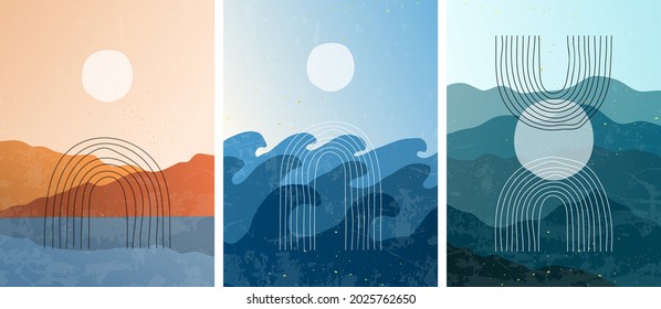 Vector illustration. Minimalist landscape. Abstract banner set. Contemporary backgrounds. Grunge texture overlay. Design elements for poster, postcard, layout. Sea wave, hills sunset, mountain fog