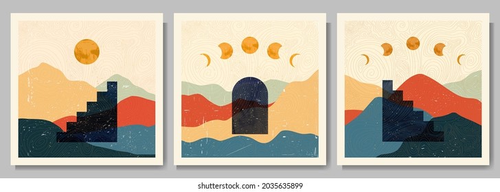 Ilustración vectorial. Un paisaje minimalista. Afiches abstractos puestos. Antecedentes contemporáneos. Decoración de la pared de mediados del siglo. Elementos de diseño para banner web, plantilla de medios sociales. Edificio exterior