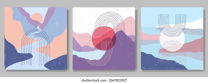 Vector illustration. Minimalist landscape. Abstract banner set. Contemporary backgrounds. Mid century wall decor. Design for social media template, square banner. Retro 50s, 60s graphic. Rainbow arch