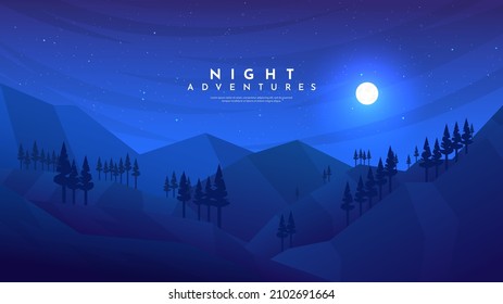 Vector illustration. Minimalist landscape background. Dark night scene. Cloudy sky with moon. Polygonal style. Hill and woods. Natural concept wallpapers. Design for web banner, website template