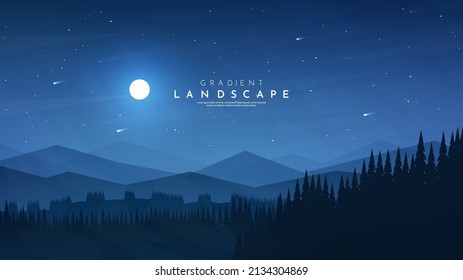 Vector illustration. Minimalist landscape background. Dark night scene. Cloudy sky with moonlight. Polygonal style. Hill and woods. Natural concept wallpaper. Design for web banner, website template