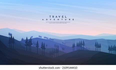 Vector Illustration. Minimalist Landscape. Forest And Mountain. Misty Background. Sunset Scene With Fog. Website Or Game Template. Cloudy Sky. Geometric Shapes Backdrop. Cartoon Flat Wallpaper.