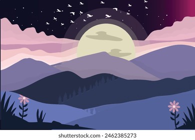 Vector illustration. Minimalist landscape. Forest and mountains. Blurred background. Sunset scene. Violet color. Website or game template. Clear sky. Sunlight's. Cascade trees. Geometric shapes