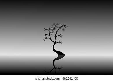 Vector illustration of minimalist landscape with tree and its reflection of water in black and white
