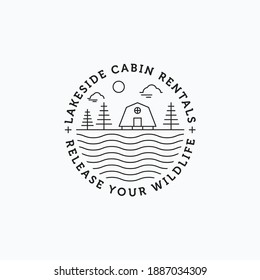 Vector illustration of minimalist line art cabin in the lakeside logo design