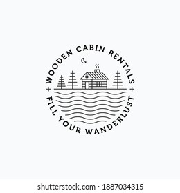 Vector illustration of minimalist line art wooden cabin logo design