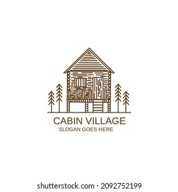 Vector illustration of a minimalist line art log cabin in the woods and a nice fence for a cabin rental logo, log house rental.