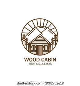 Vector illustration of a minimalist line art log cabin in the woods and a nice fence for a cabin rental logo, log house rental.