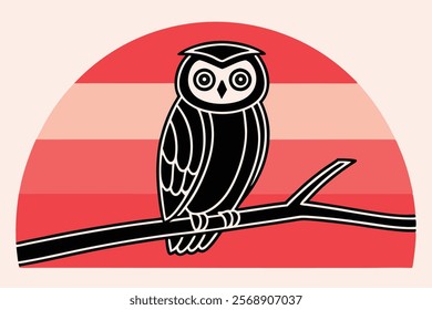 Vector Illustration of Minimalist Owl on Branch in Black and White