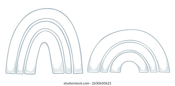 Vector illustration of minimalist pastel blue Rainbows in outline style with soft sketchy texture. Linear drawing for nursery wall art, children invitations, or kids greeting cards.