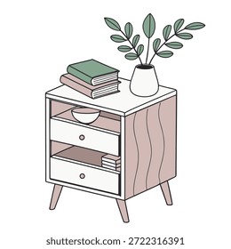 Ilustración vectorial de una mesita de noche rosa minimalista con libros y una maceta