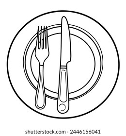 Ilustración vectorial de contornos minimalistas de placa, horquilla y cuchillo.