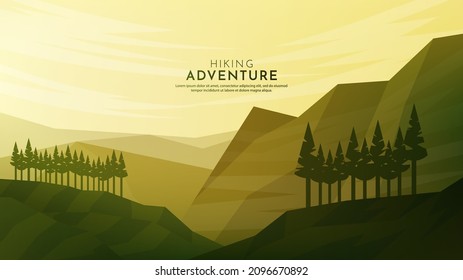 Vector illustration. Minimalist polygonal design. Nature landscape background. Panoramic view. Design element for web banner, website template. Cartoon flat style. Green color. Forest and mountains