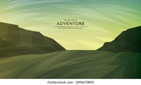 Vector illustration. Minimalist polygonal design. Nature landscape background. Panoramic view. Design element for web banner, website template. Cartoon flat style. Meadow and mountains. Eco concept