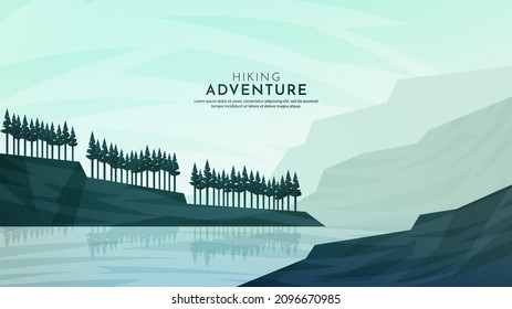 Vector illustration. Minimalist polygonal design. Nature landscape background. Panoramic view. Design element for web banner, website template. Cartoon flat style. Hills and forest trees by water