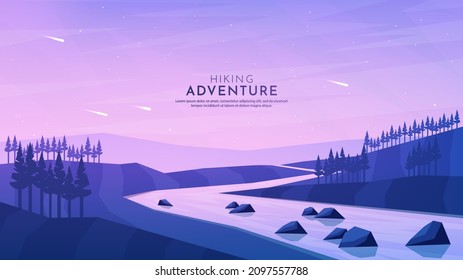 Vector illustration. Minimalist polygonal design. Nature landscape background. Panoramic view. Design element for web banner, website template. Cartoon flat style. Mountain river in the woods. Evening