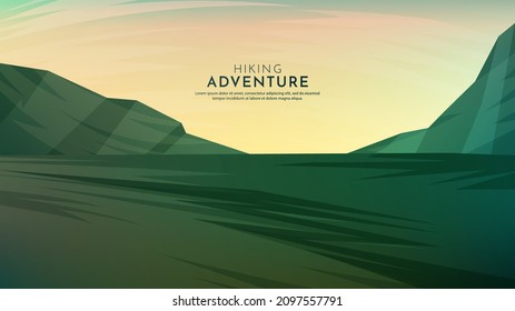 Vector illustration. Minimalist polygonal design. Nature landscape background. Panoramic view. Design element for web banner, website template. Cartoon flat style. Meadow and mountains. Sunrise scene