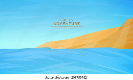 Vector illustration. Minimalist polygonal design. Nature landscape background. Panoramic view. Design element for web banner, website template. Cartoon flat style. Sandy island in the ocean. Shiny day