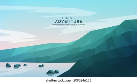 Vector illustration. Minimalist polygonal design. Nature landscape background. Panoramic view. Design element for web banner, website template. Cartoon flat style. Hills by lake with stones