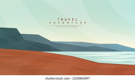 Vector illustration. Minimalist polygonal design. Nature landscape background. Panoramic view. Design element for web banner, website template with text. Cartoon flat style. Hills by water. Cloudy sky