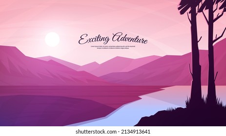 Vector illustration. Minimalist polygonal design. Nature landscape background. Panoramic view. Design element for web banner, website template. Cartoon flat style. Woods and hills by water. Evening