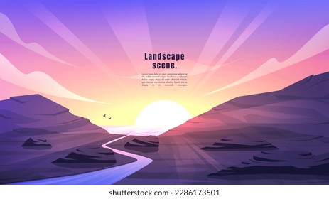 Vector illustration. Minimalist polygonal design. Nature landscape background. Panoramic view. Design element for web banner, website template. Cartoon flat style. Evening scene. Sunset by water